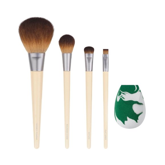 Five Eyeshadow Blush Bronzer Eyeliner Foundation Makeup Brush and Sponge Kit - Picture 1 of 12